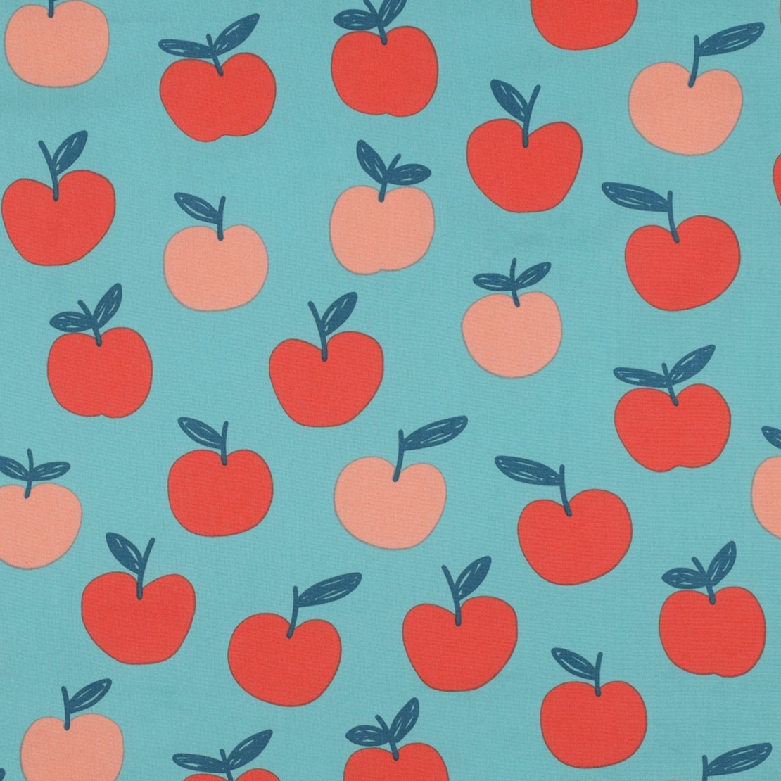 אריג כותנה דפוס פירות על רקע פטרול בהיר