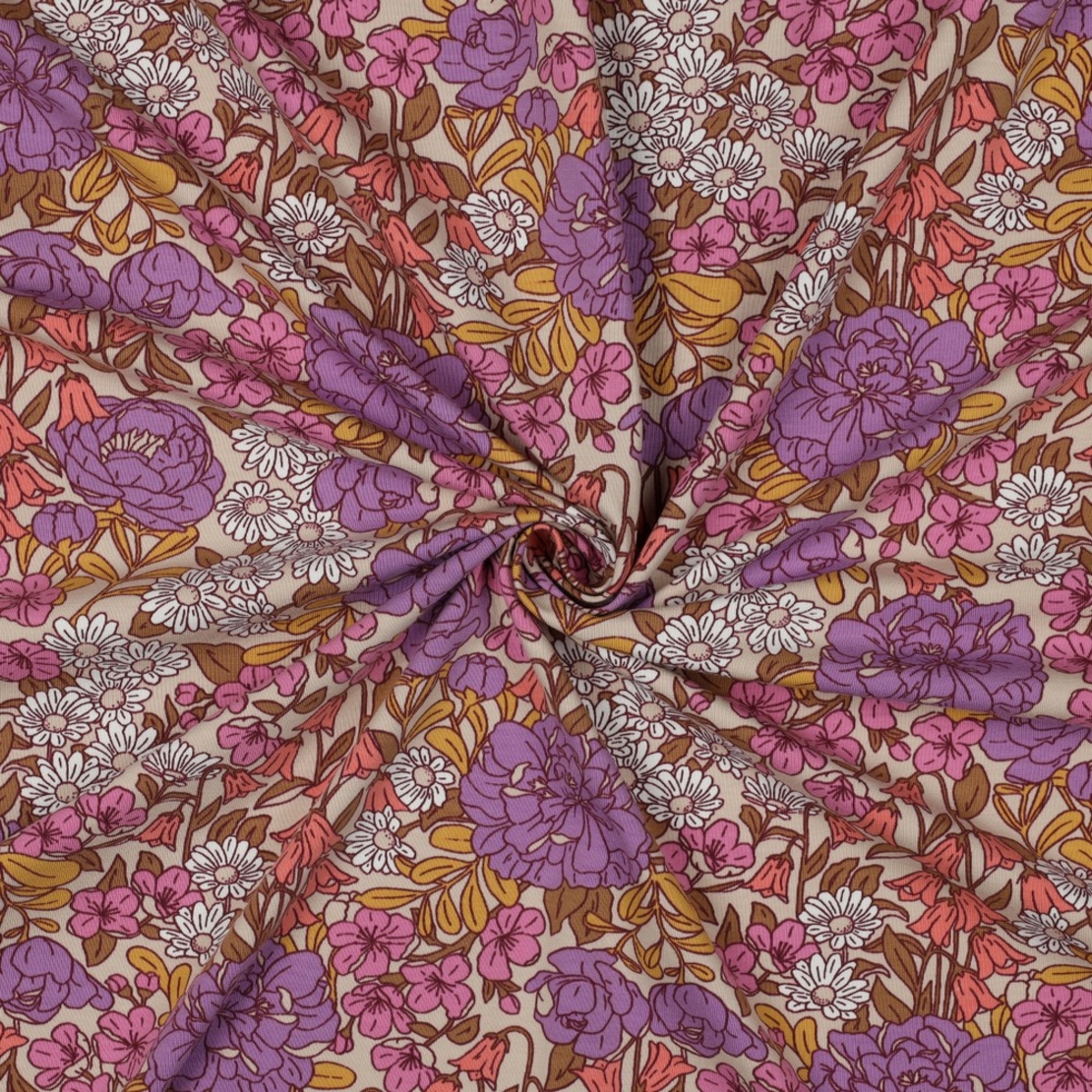 טריקו כותנה דפוס חגיגת הפרחים על רקע בז