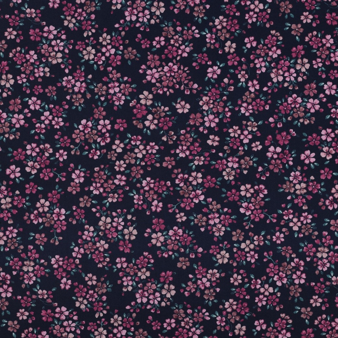 אריג כותנה דפוס פריחה אורבנית על רקע נייבי