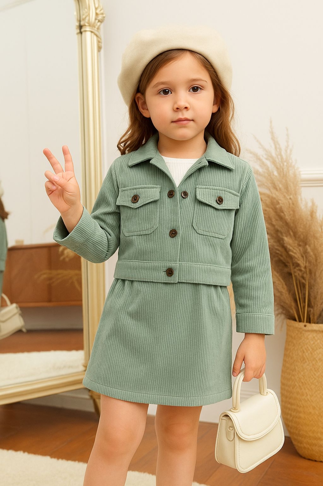 אריג קורדרוי מכובס פס רחב צבע ירוק מרווה