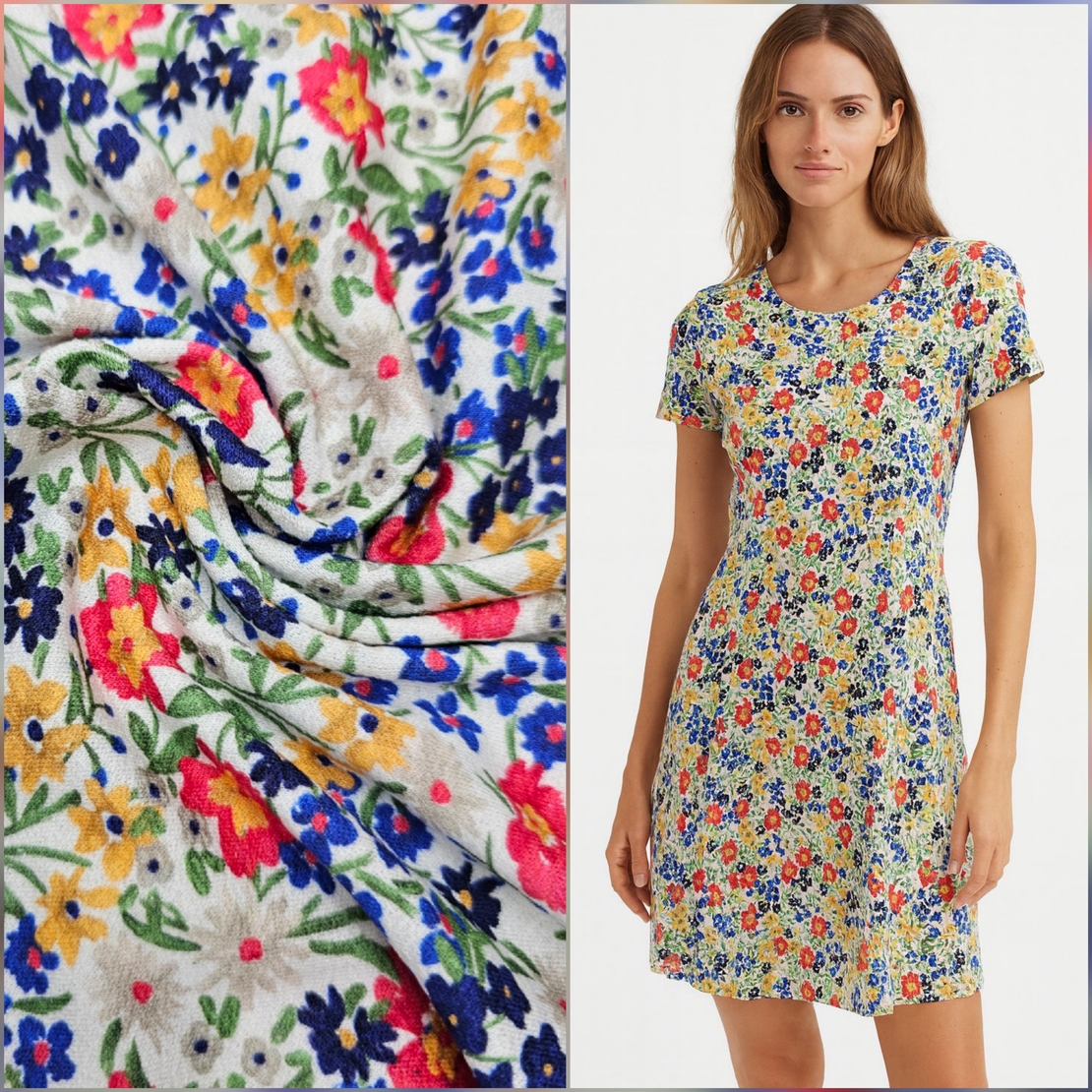 טריקו ויסקוזה חגיגת הפרחים בגווני כחול אדום צהוב