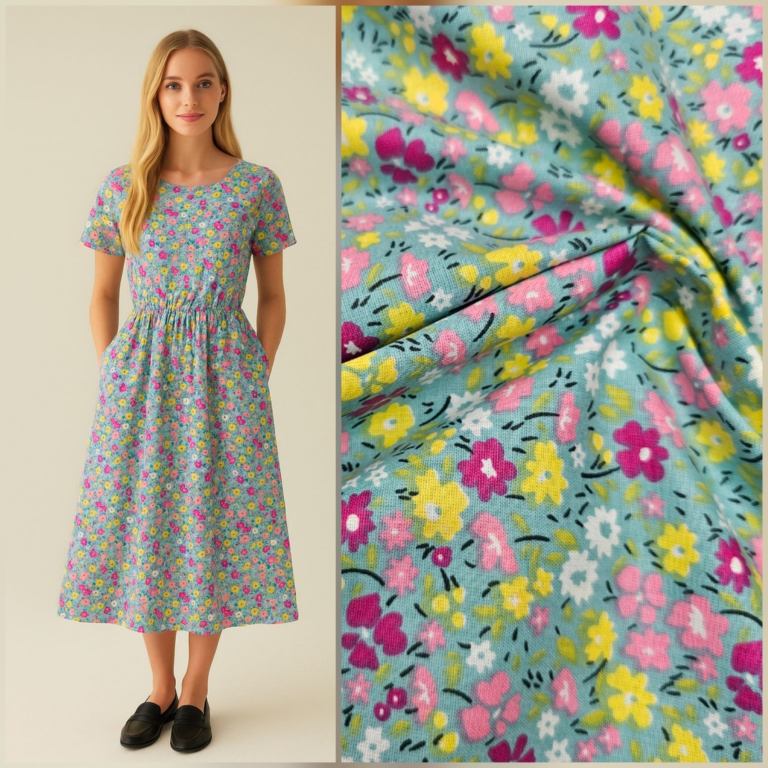 אריג כותנה דפוס פרחים שמחים על רקע טורקיז