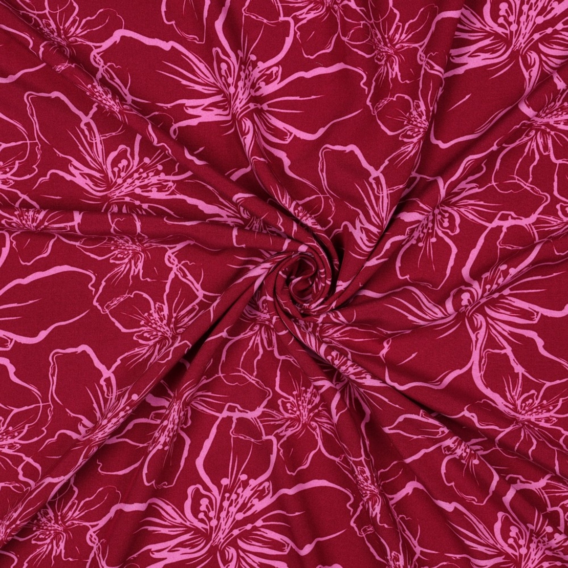 אריג ויסקוזה דפוס פרחי מגנוליה מצויירים על רקע דומדמניות