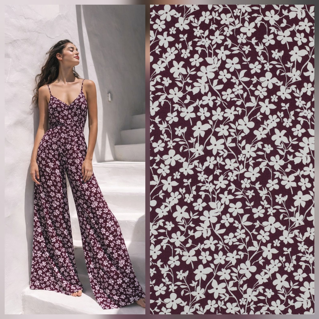 אריג ויסקוזה דפוס פרחים קטנים על רקע בורדו דגם חן