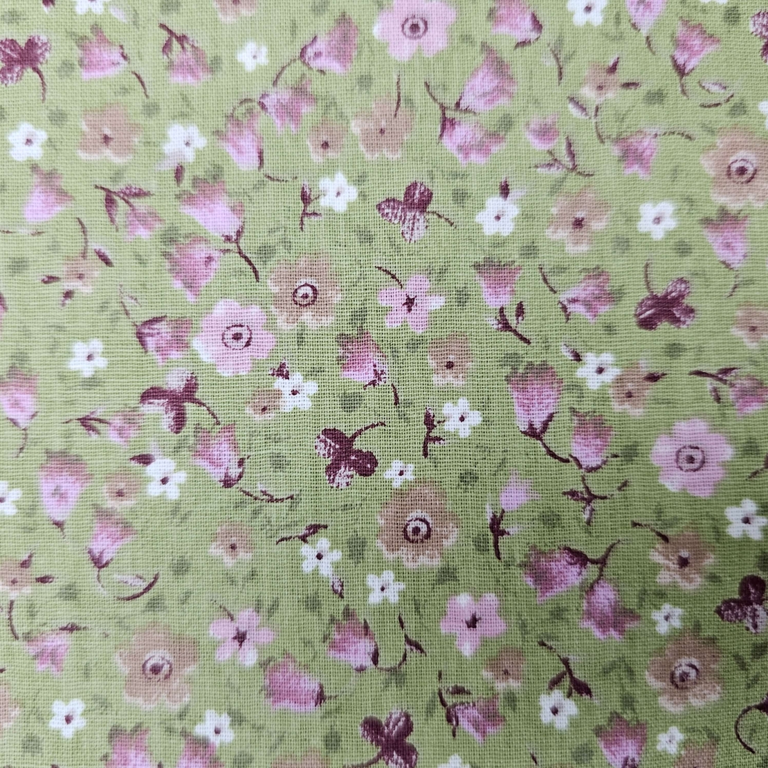 אריג כותנה דפוס פרחי פעמונית קטנים על רקע פיסטוק