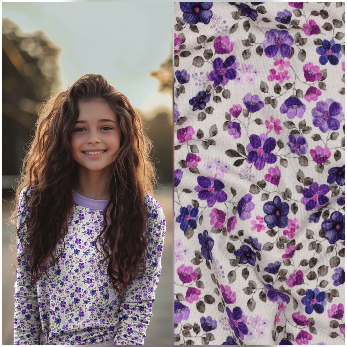 טריקו כותנה אורגני דפוס סיגליות על רקע לבן