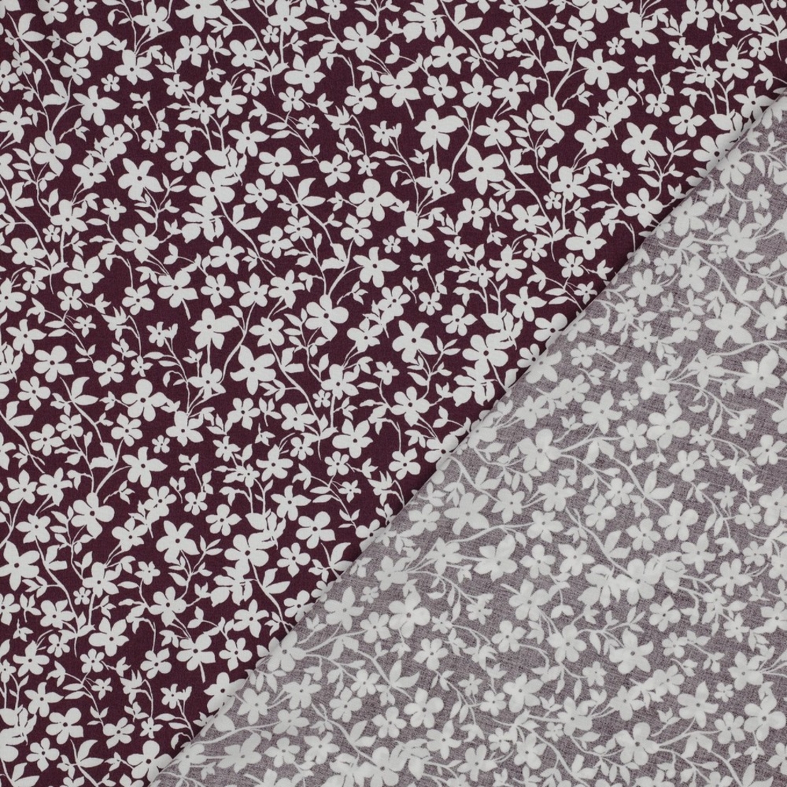 אריג ויסקוזה דפוס פרחים קטנים על רקע בורדו דגם חן