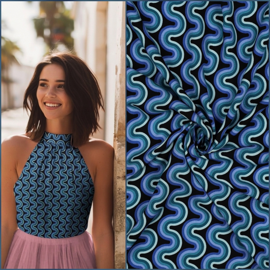 אריג ויסקוזה דפוס גאומטרי גווני ירוק כחול