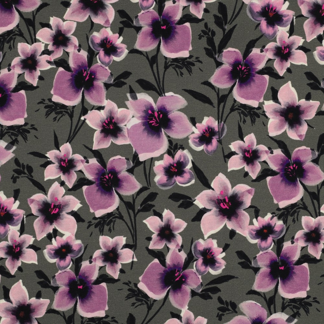 פרנץ טרי דפוס פרחים דיגיטלי סגולים על רקע ירוק יער