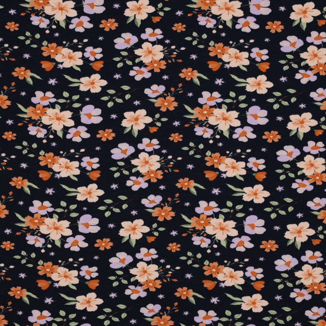 טריקו אורגני פרחים על רקע נייבי דגם שרון