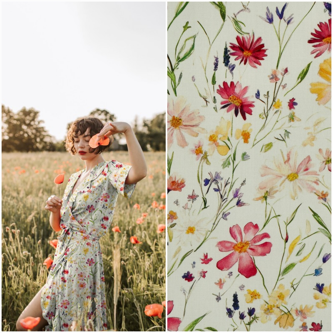 אריג ויסקוזה דפוס פרחי בר פסטלים