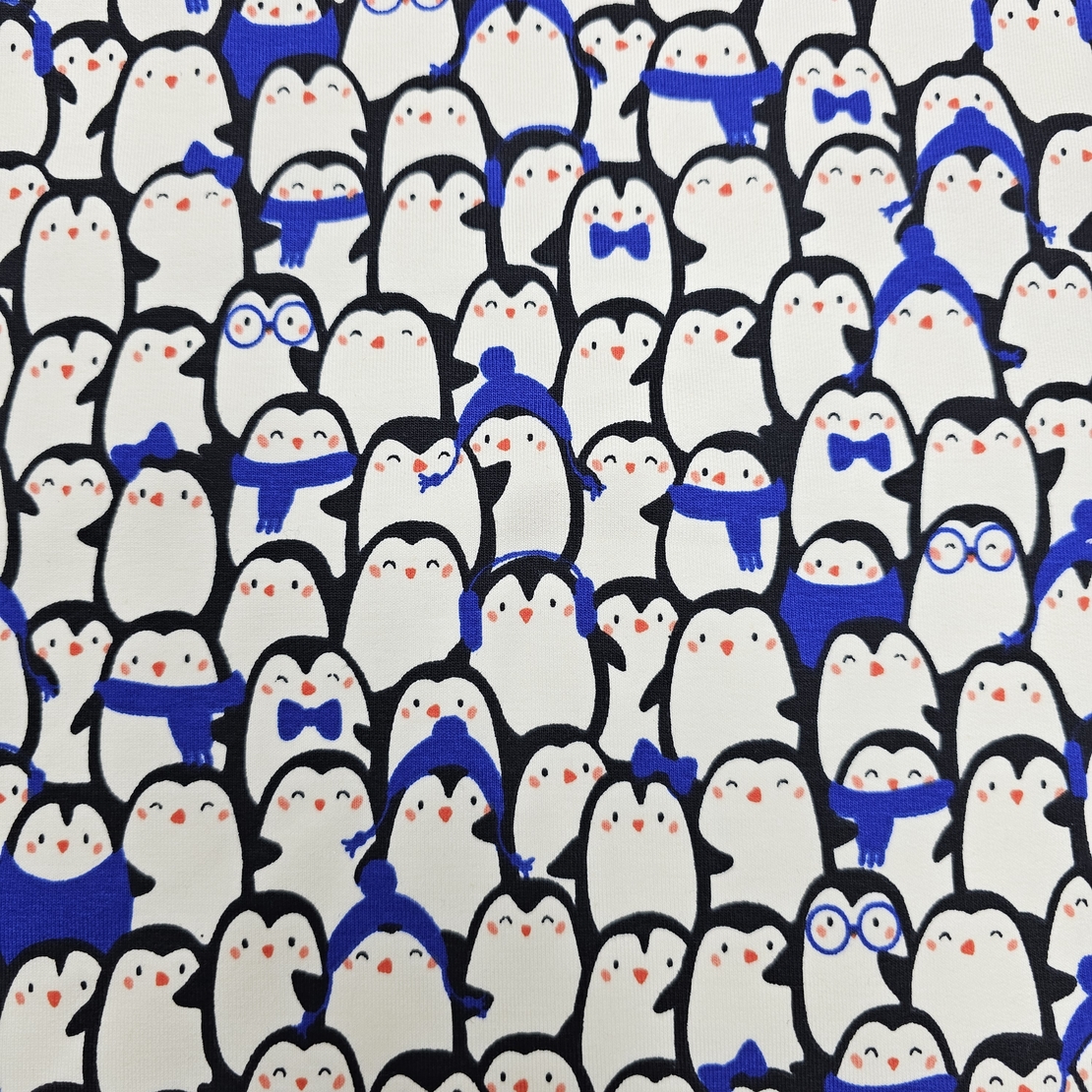 בד פוטר דפוס פינגווינים גווני כחול רויאל ולבן