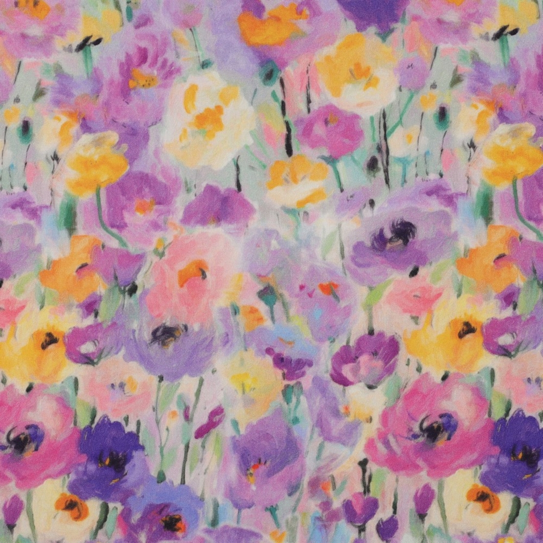 אריג ויסקוזה סטן דפוס פרחים דיגיטלי בגוונים רכים