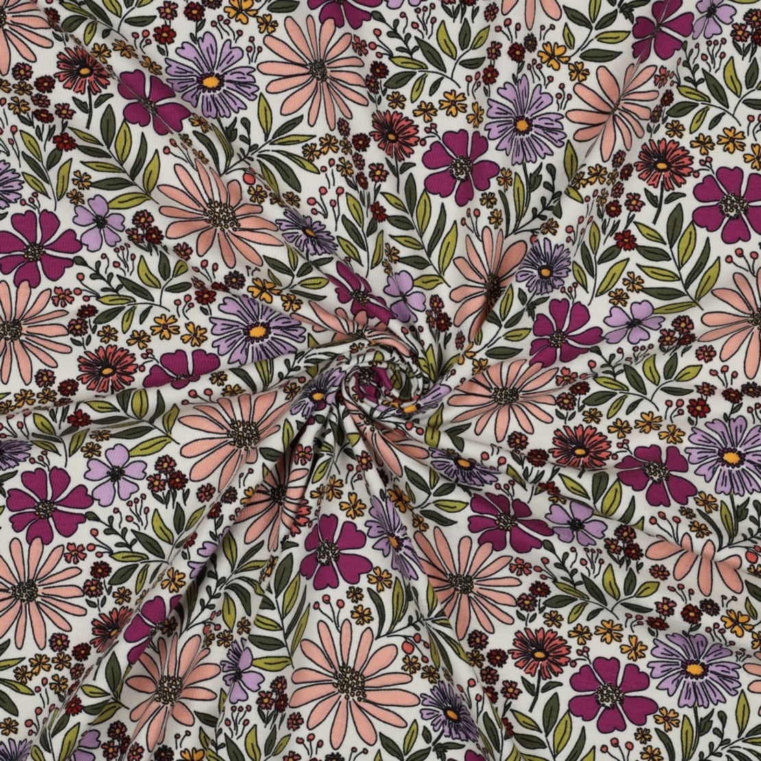 טריקו כותנה דפוס פרחים קסומים על רקע אופוייט