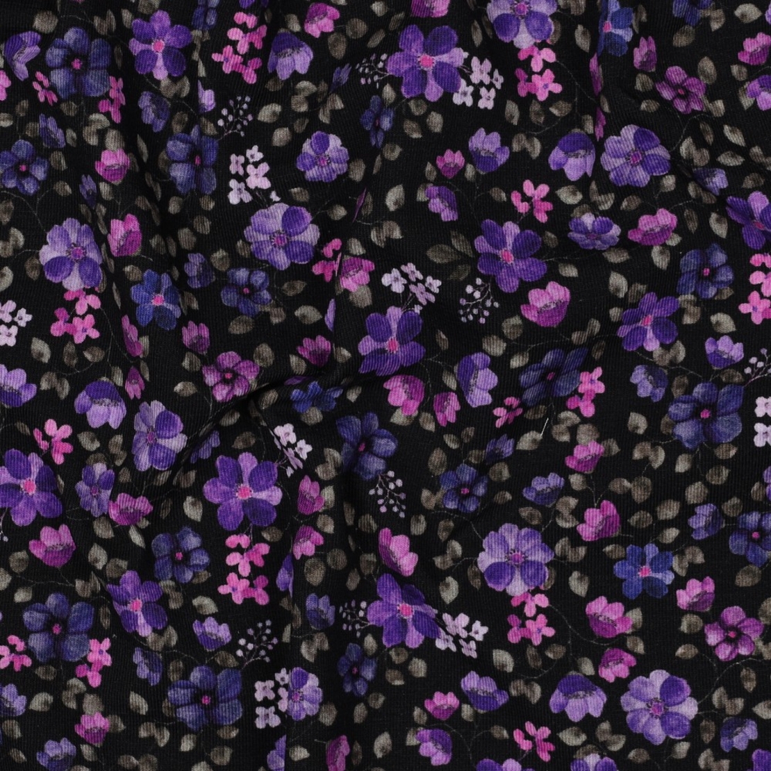 טריקו כותנה אורגני דפוס סיגליות על רקע נייבי