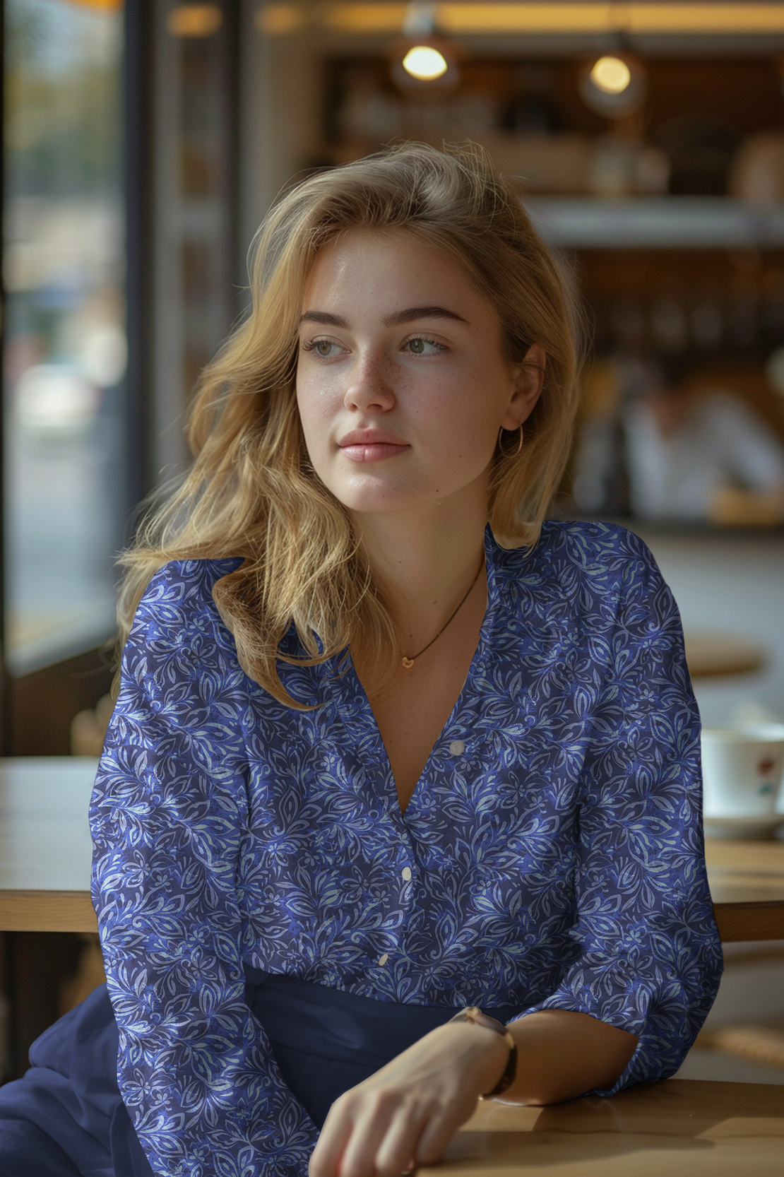 אריג ויסקוזה דפוס עלעלים דיגיטלי על רקע קובלט