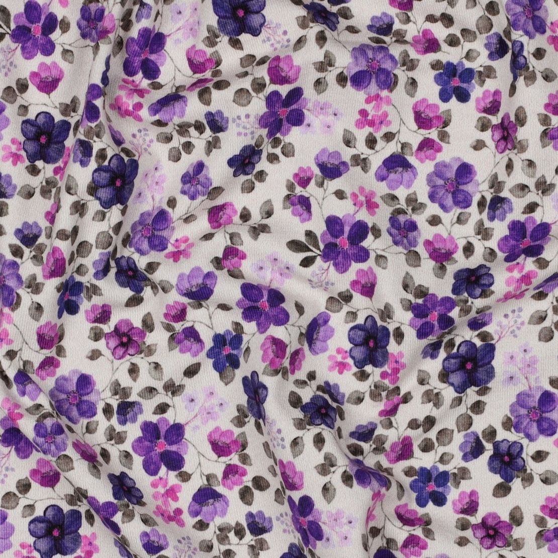 טריקו כותנה אורגני דפוס סיגליות על רקע לבן