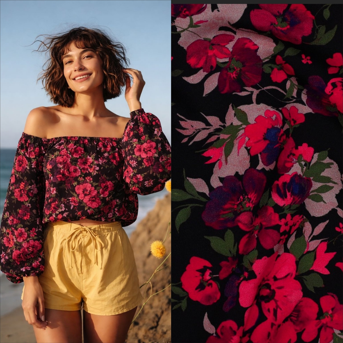 אריג ויסקוזה ECOVERO דפוס רומנטי על רקע שחור