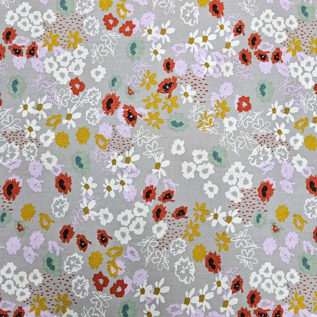 אריג כותנה פרחים בסגנון כפרי על רקע אפור דגם מאי