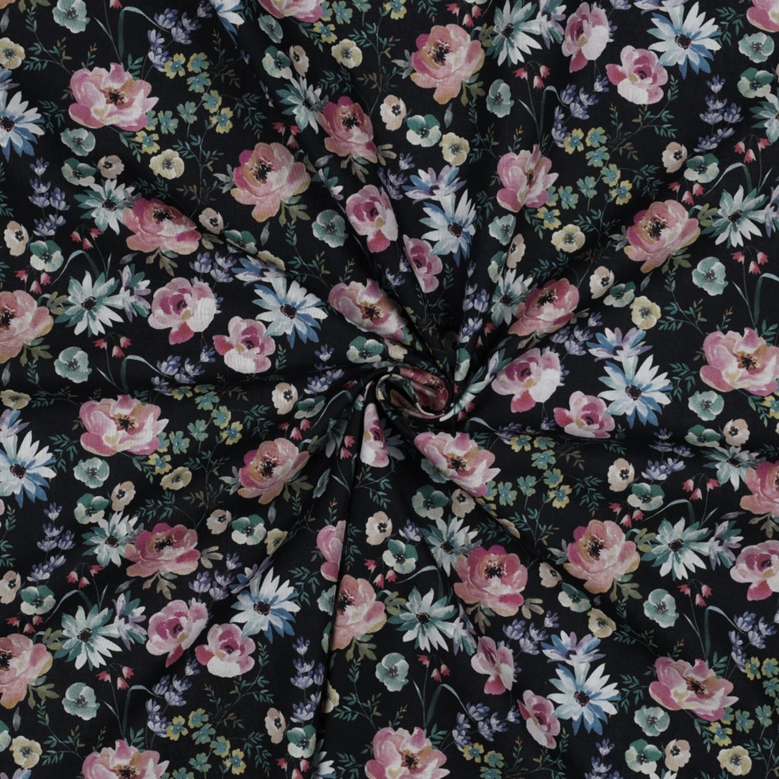 אריג כותנה דפוס פרחים בסגנון כפרי על רקע שחור