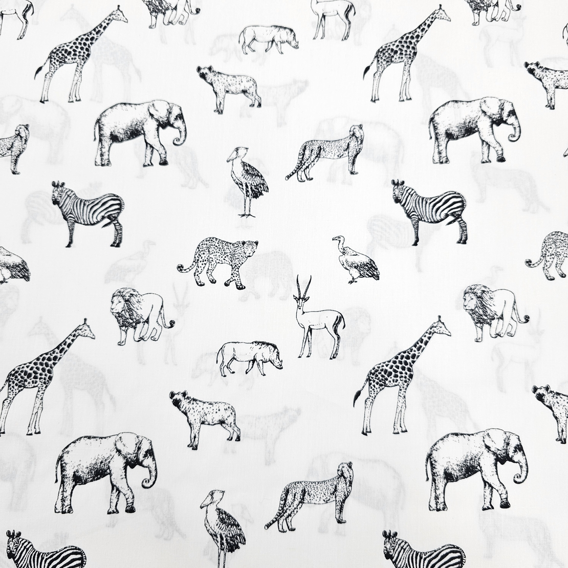 אריג כותנה דפוס חיות הג'ונגל בשחור לבן