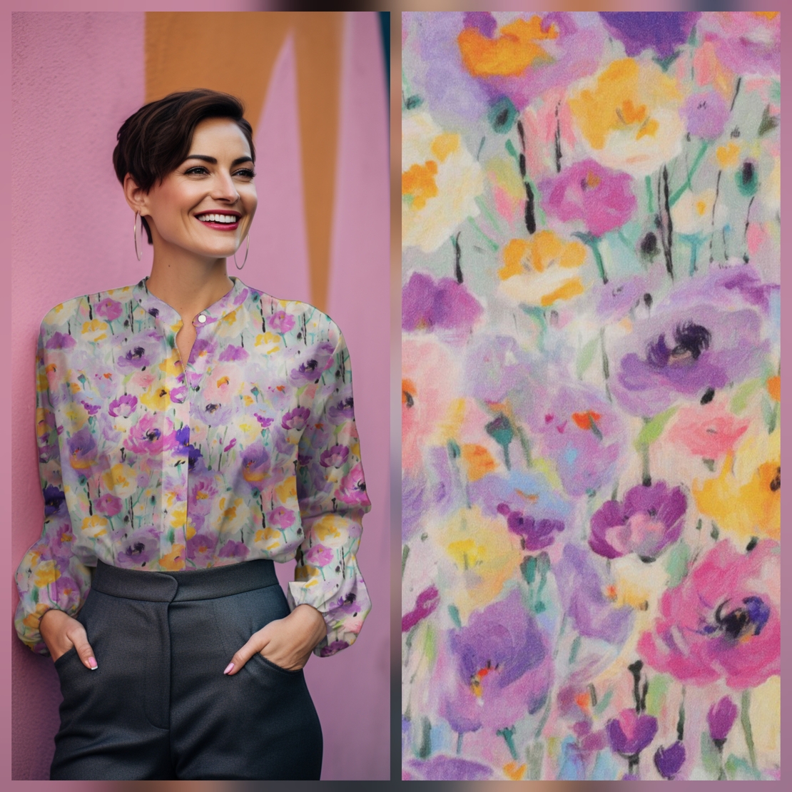 אריג ויסקוזה סטן דפוס פרחים דיגיטלי בגוונים רכים