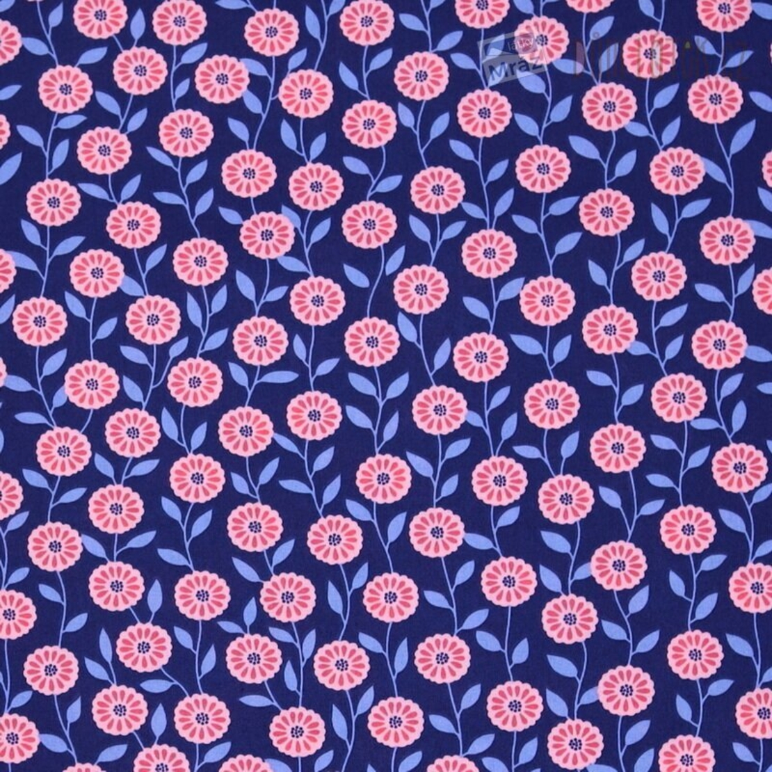 אריג כותנה דפוס פריחה כפרית בגווני כחול