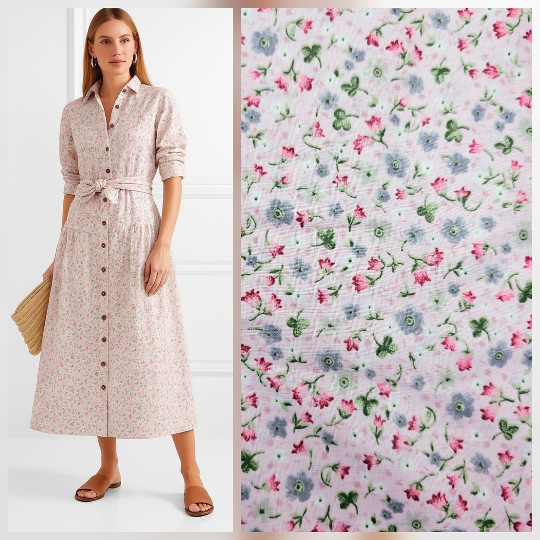 אריג כותנה דפוס פרחים קטנים על רקע ורוד דגם שני