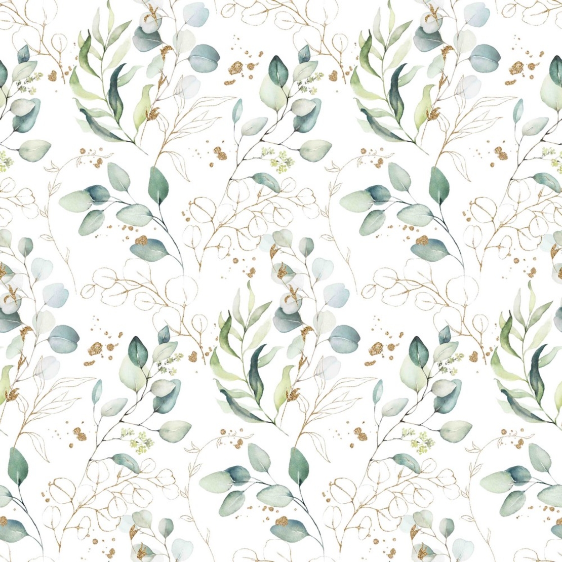 אריג כותנה דפוס דיגיטלי עלי אקליפטוס על רקע לבן