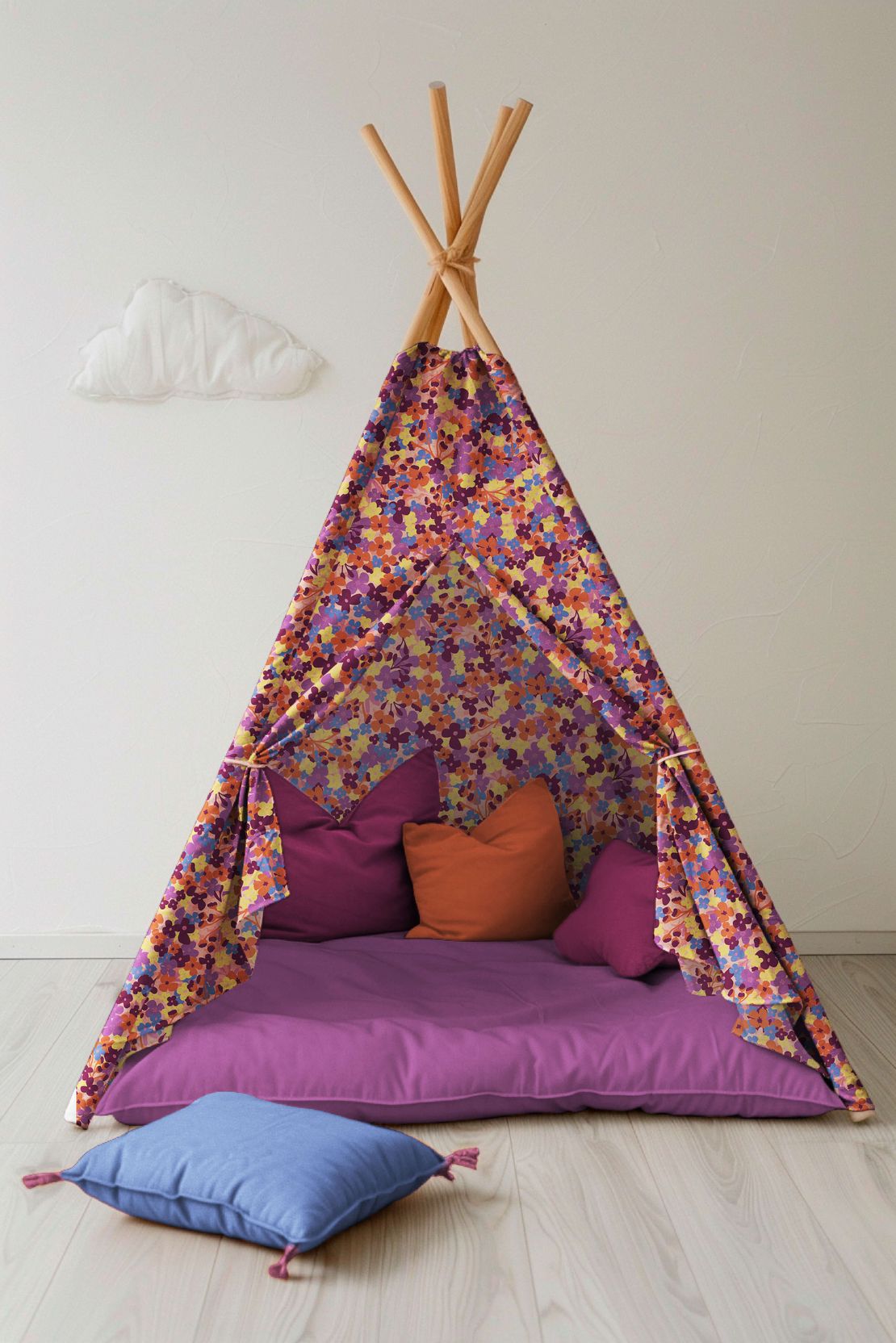 אריג כותנה עמיד במים דפוס פרחים גווני סגול פטרול ומנטה