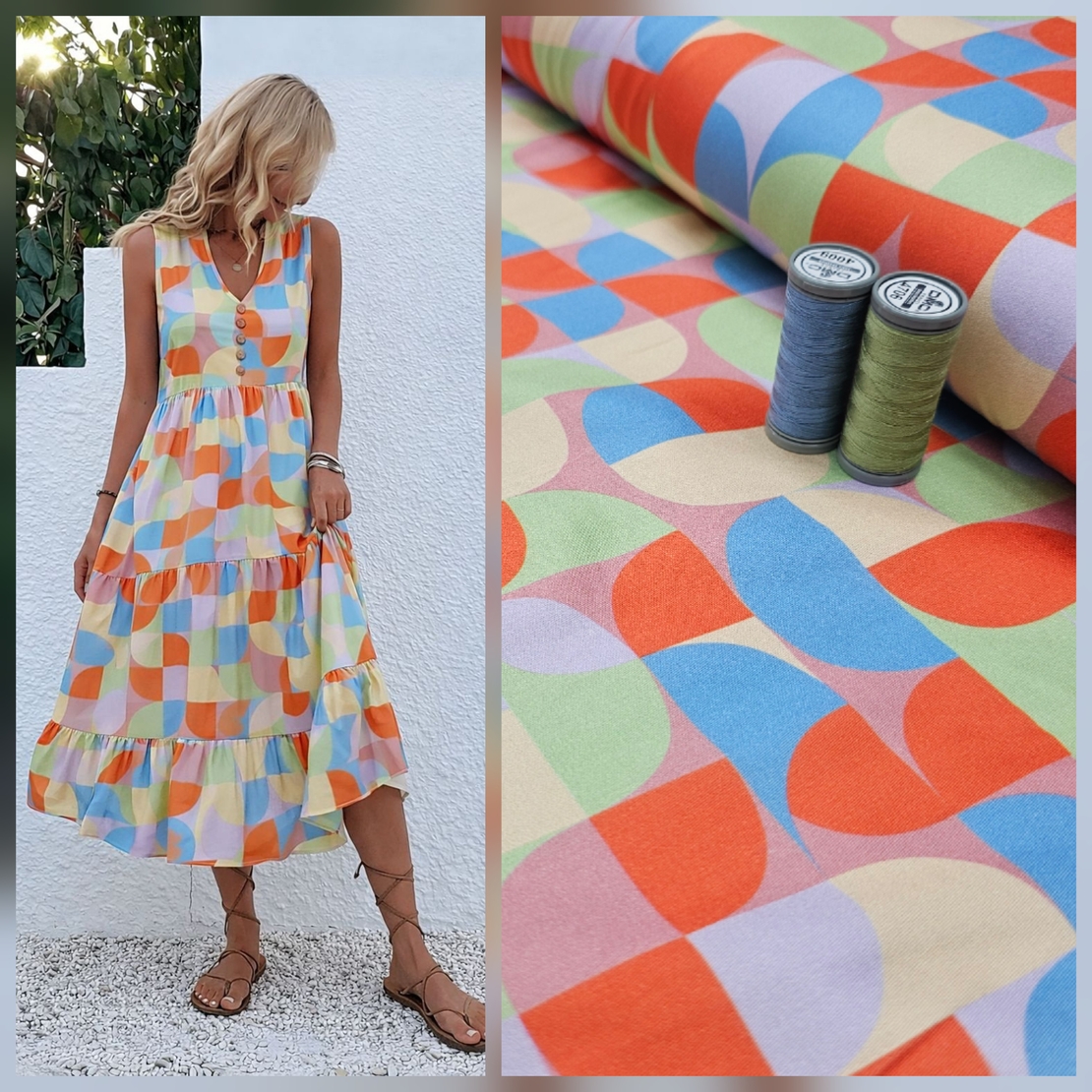 אריג ויסקוזה דפוס גאומטרי גווני מנטה תכלת דגם שרה