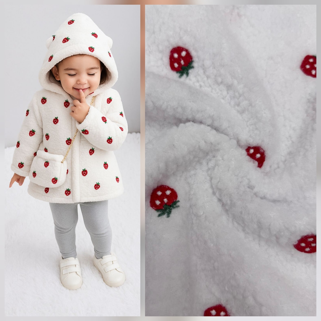 בוקלה טדי רקמת תותים על רקע לבן