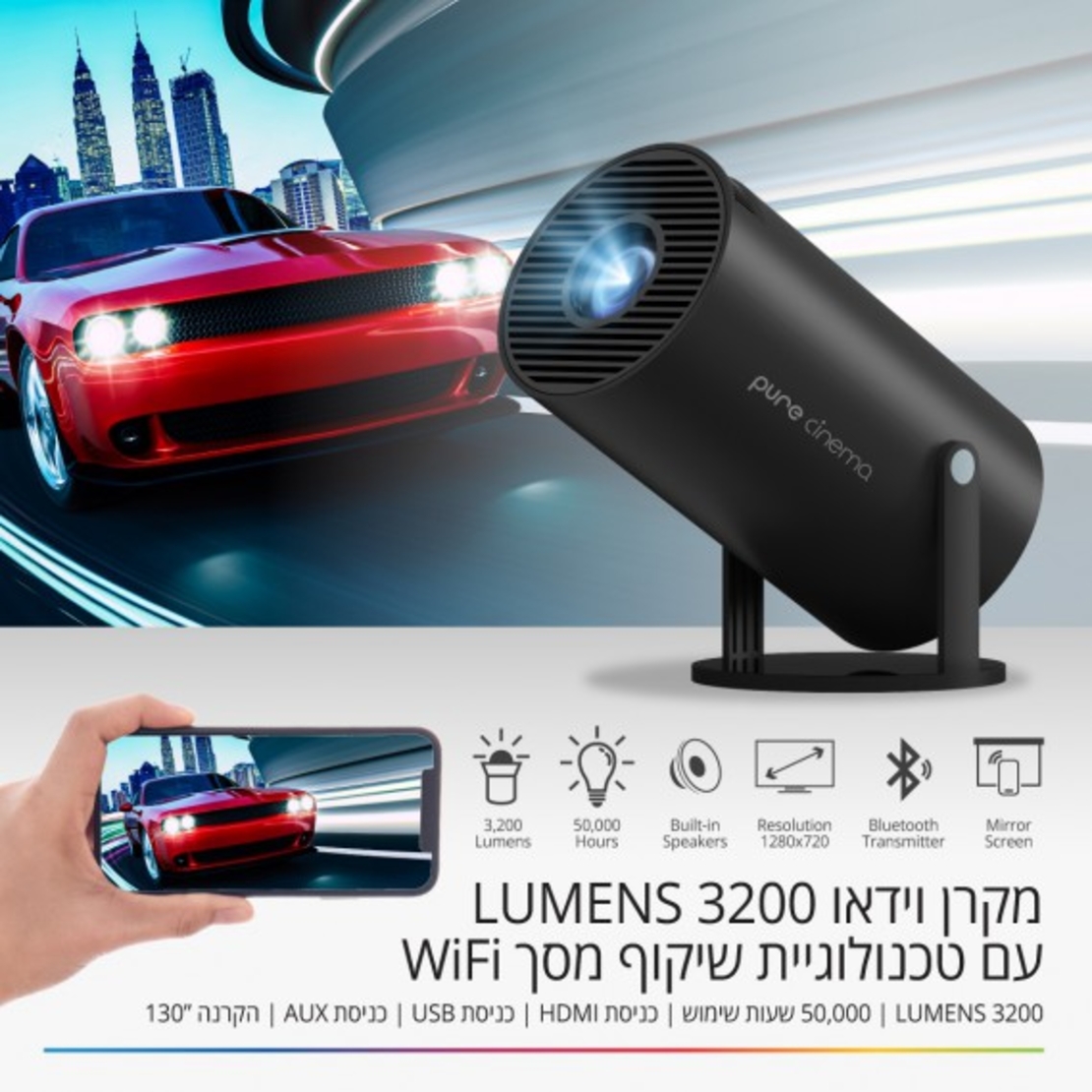 מקרן לד להקרנה עד “120 אינץ , עוצמה 3200 לומנס Lumens