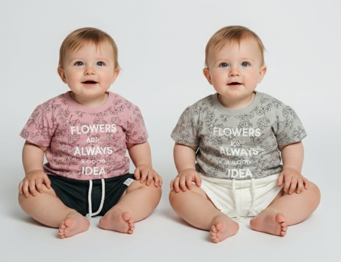 חליפה קיץ מדוגמת 12-24M תינוקות בנות (אפור/ורוד)