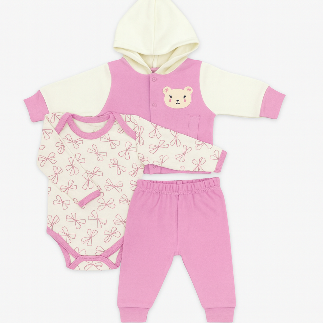 סט חליפה 3 חלקים 0-24M תינוקות בנות (ורוד)