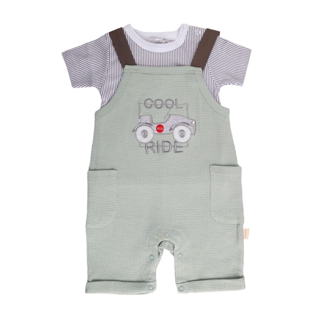 סט 2 חלקים אוברול וחולצה 0-12M תינוקות בנים (תכלת/ירוק)
