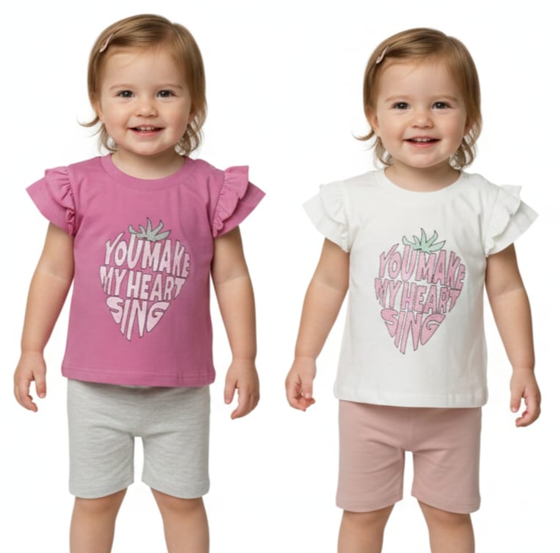 חליפה קיץ מדוגמת 6-24M תינוקות בנות (לבן/ורוד)