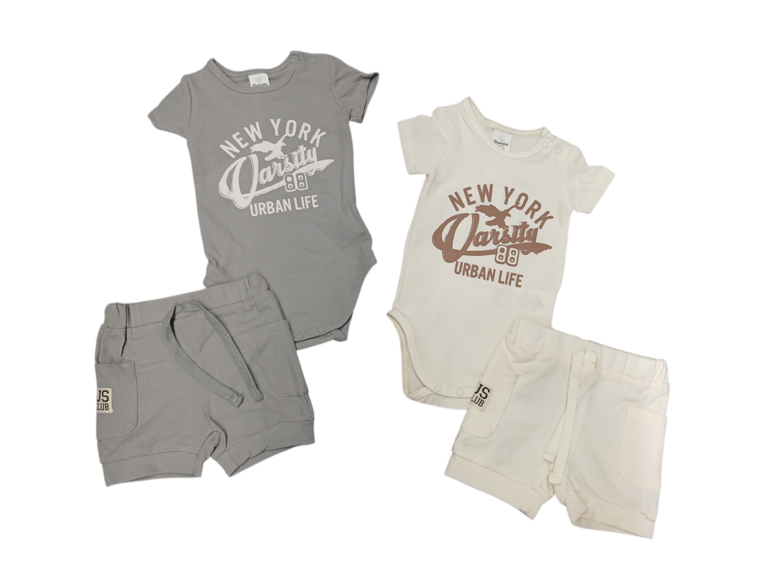 חליפה קיץ בגד גוף בד וופל 3-24M (אופוויט/מנטה/שמנת/אפור)