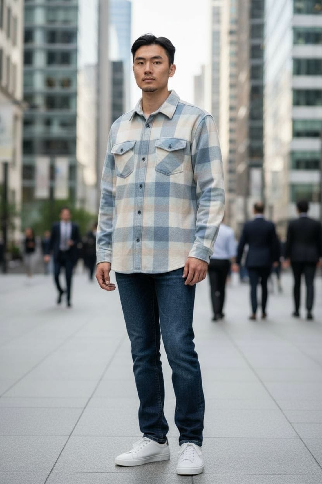 חולצה מכופתרת בד פלנל משובץ S-XXL גבר (תכלת)