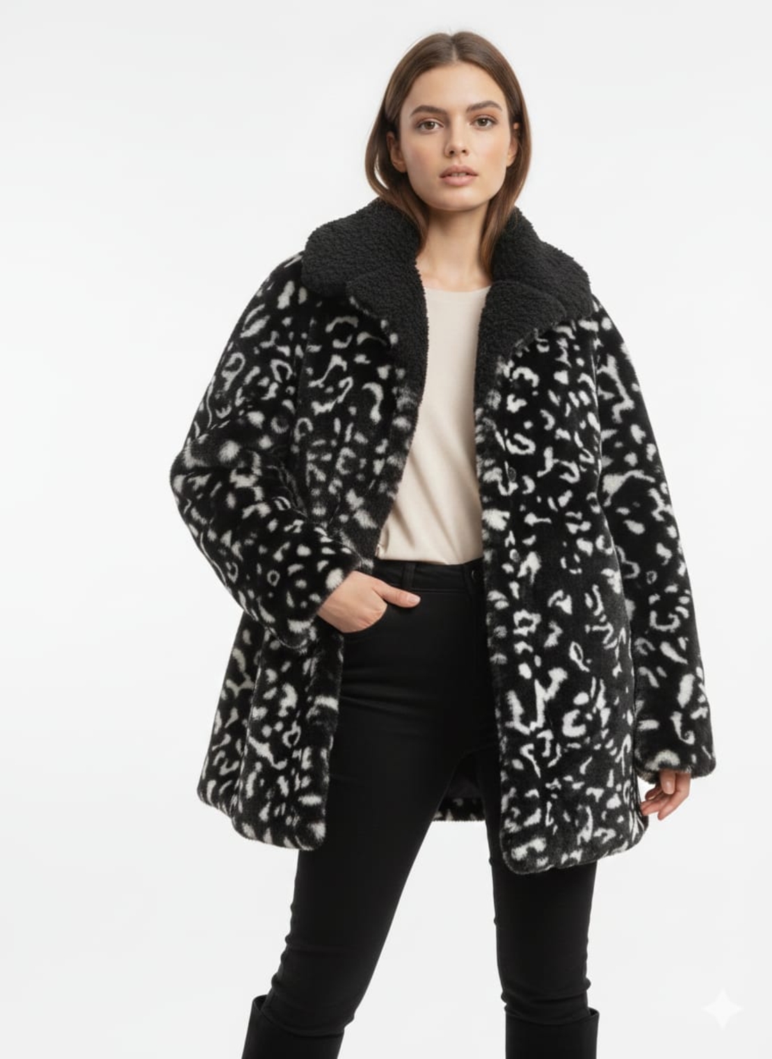 ג'קט קפוצ'ון פרווה מדוגם ONE SIZE נשים (שחור)