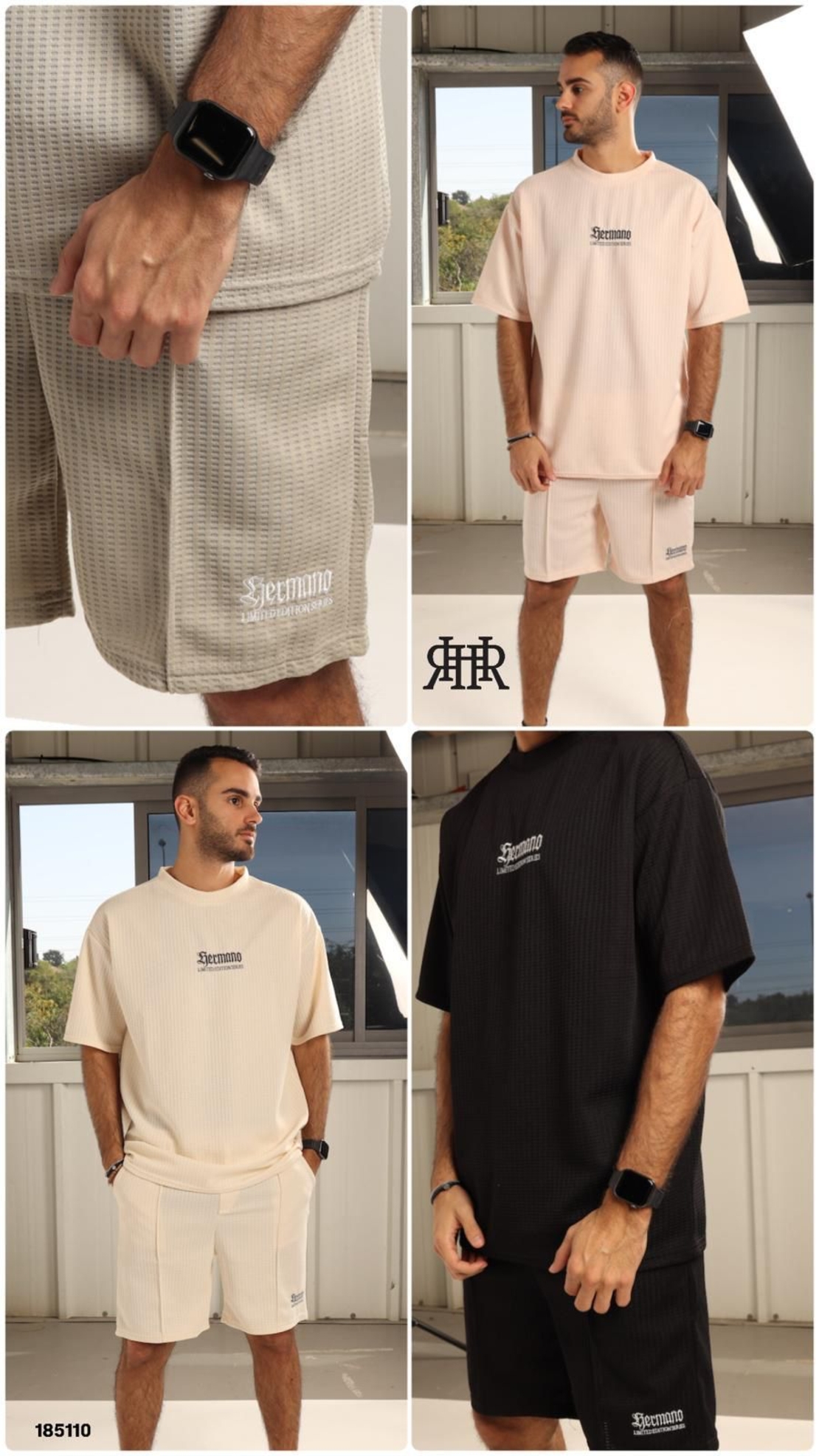 חליפה קיץ מדוגמת S-XXL גבר (שחור/אפרסק/שמנת)