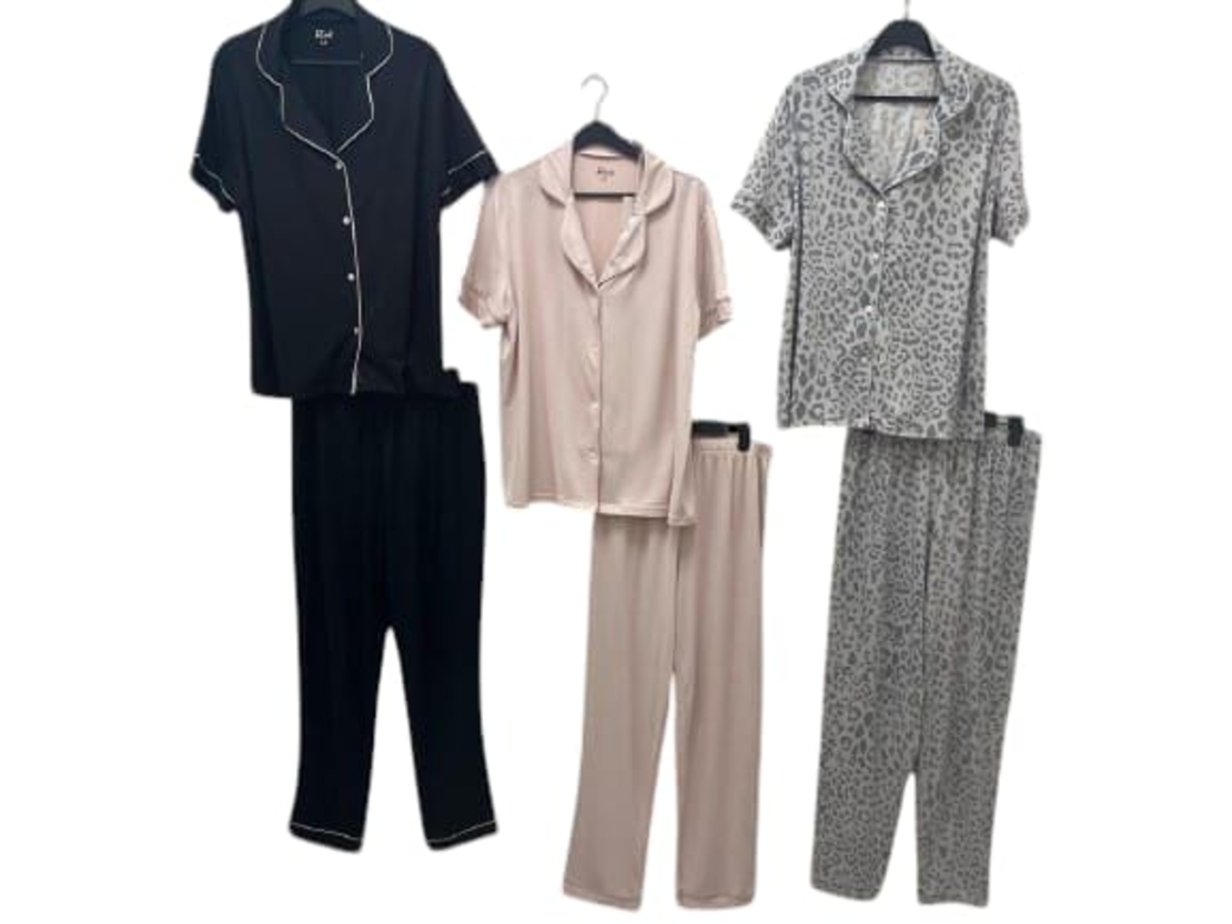 פיג'מה PINK מכופתרת מכנס ארוך S-XL נשים (מנומר-אפור/ורוד/שחור)
