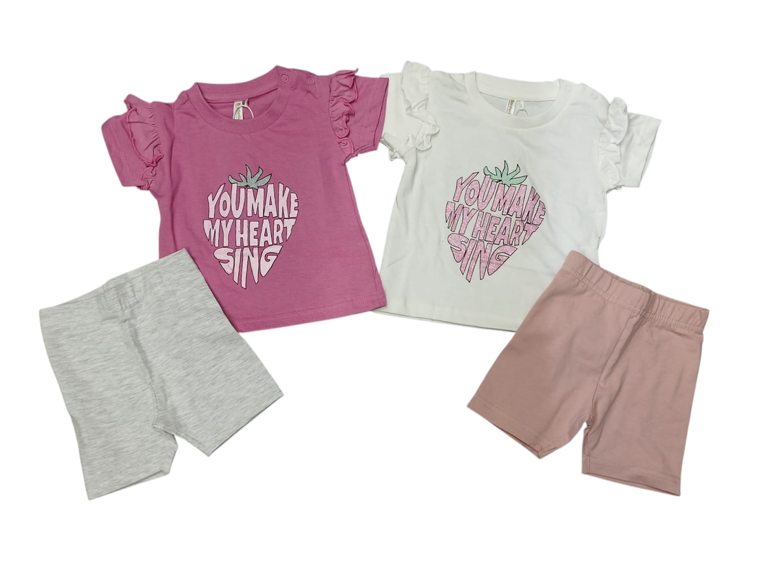 חליפה קיץ מדוגמת 6-24M תינוקות בנות (לבן/ורוד)