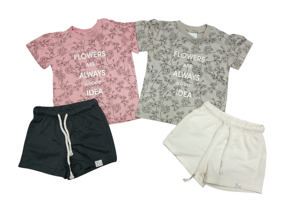 חליפה קיץ מדוגמת 12-24M תינוקות בנות (אפור/ורוד)