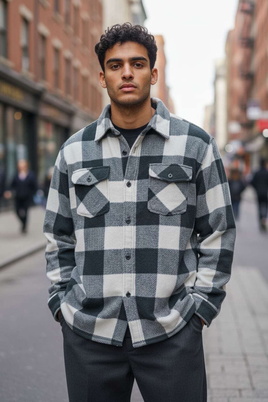 חולצה מכופתרת בד פלנל משובץ S-XXL גבר (שחור לבן)