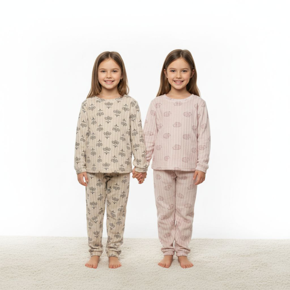 פיג'מה פלאפי מדוגמת 4-14 בנות (תכלת/לבן/ורוד/אופוויט)