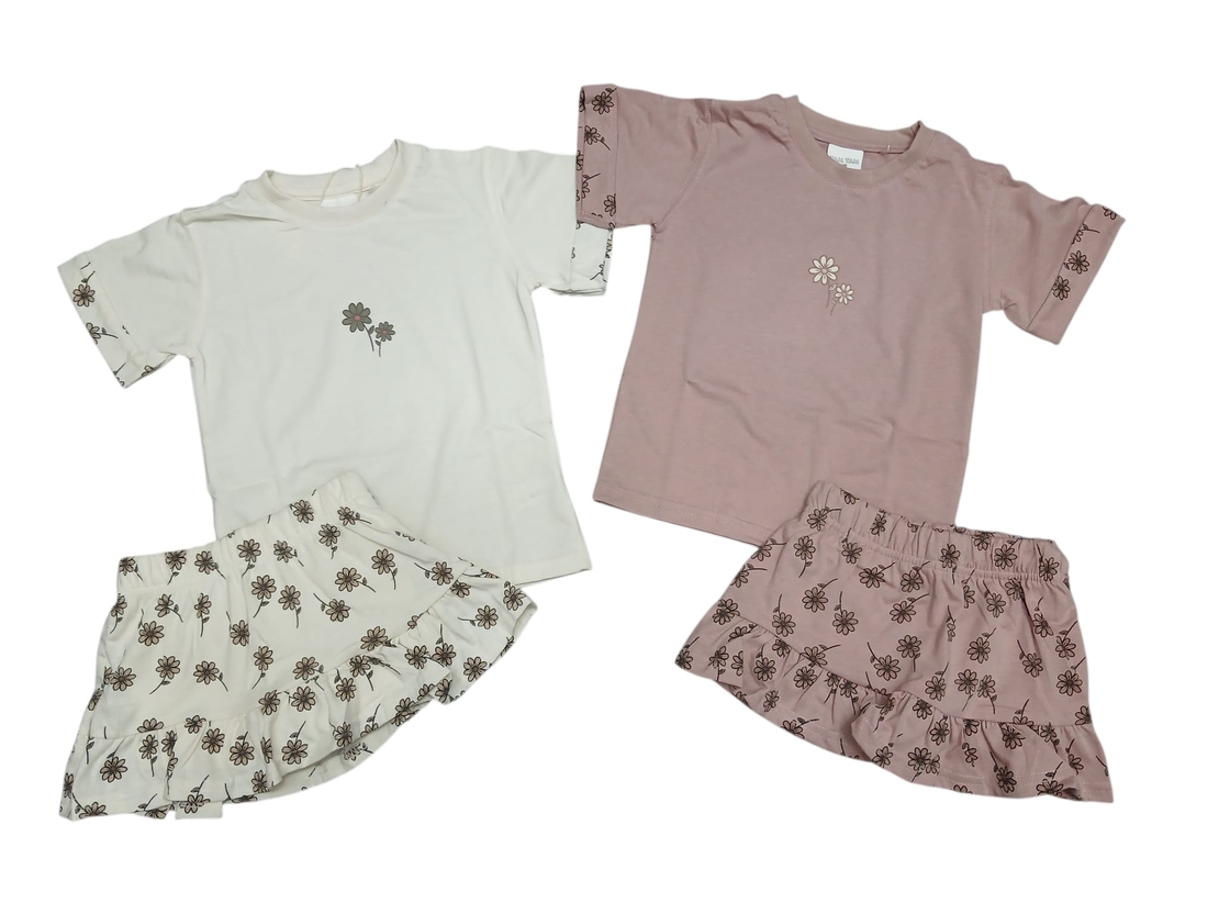 חליפה קיץ מדוגמת חצאית טייץ 2-8 בנות (שמנת/ורוד)