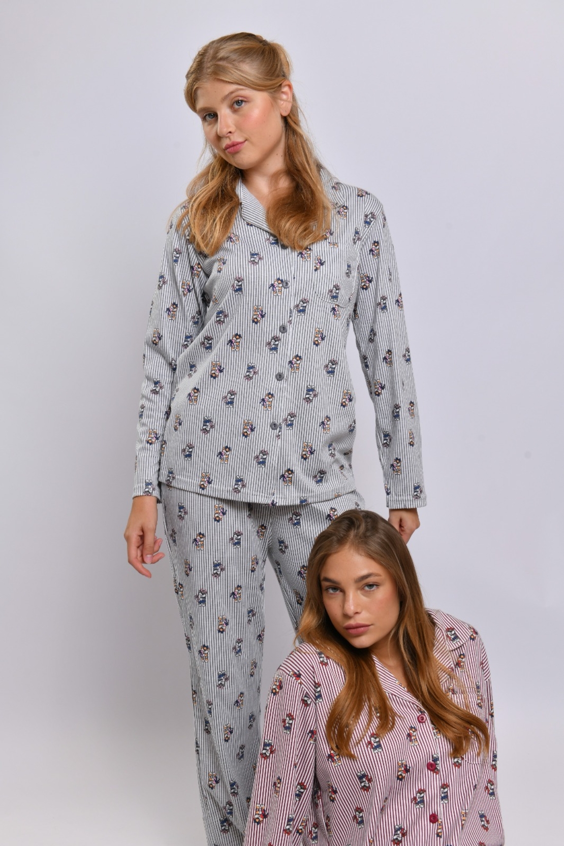 פיג'מה מכופתרת פסים LAMBADA נשים S-XL (אפור/בורדו)