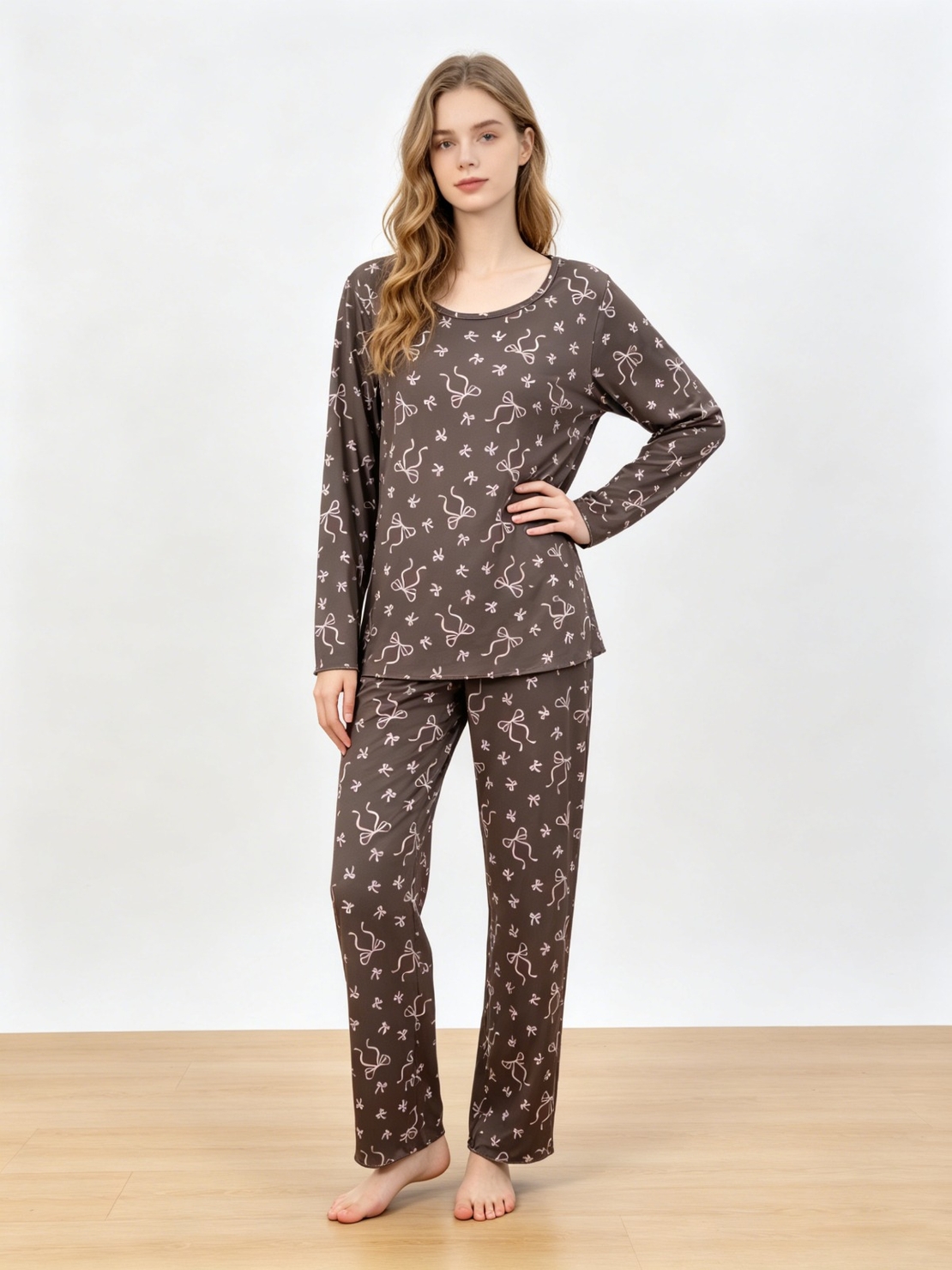 פיג'מה מעבר מדוגמת S-XXL נשים (חום)