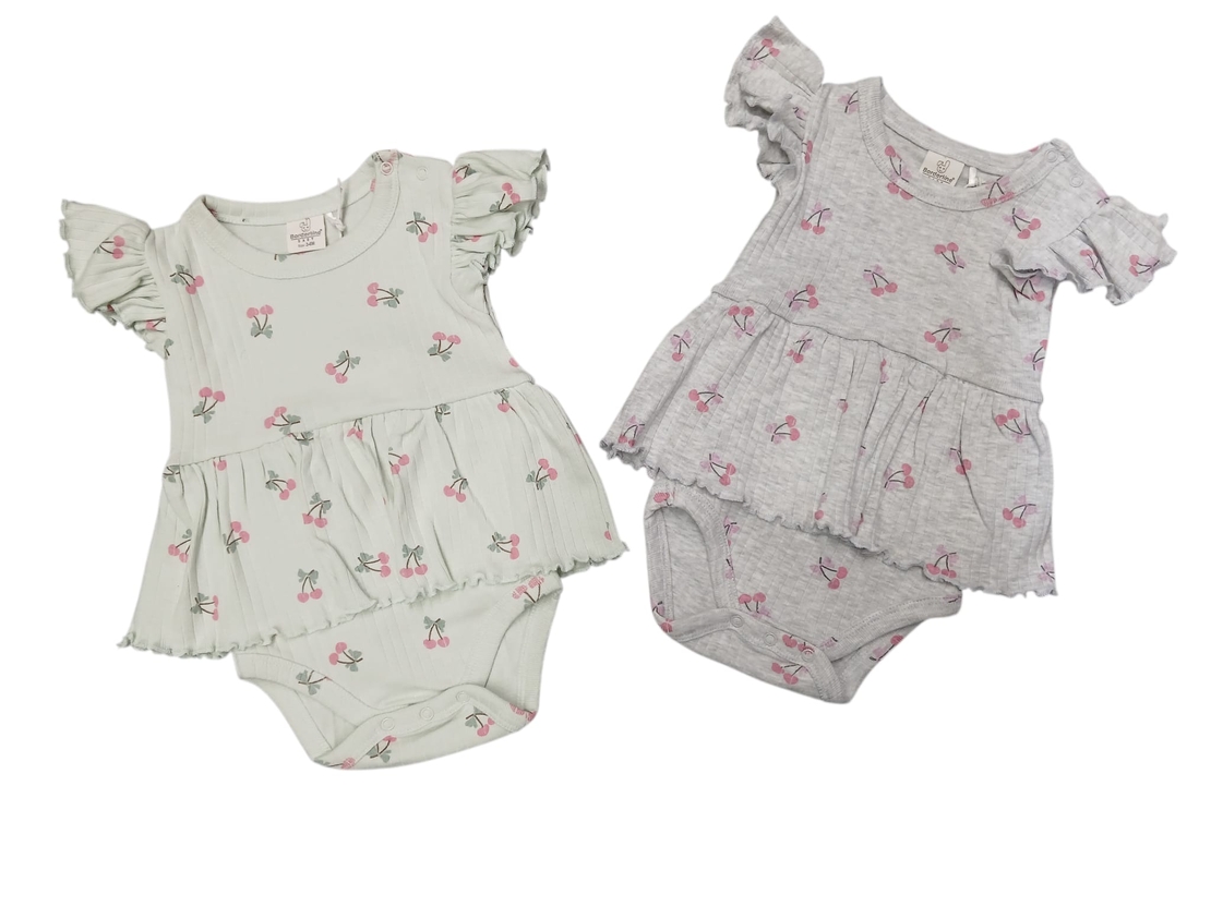 שמלה בגד גוף מדוגמת בד ריב 3-24M תינוקות בנות (לבן/מנטה/ורוד/אפור)